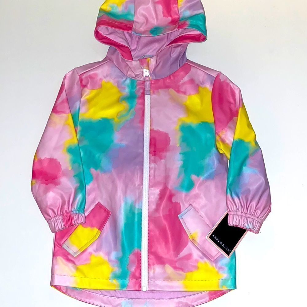 🔥 Andy & Evan Girls Rainbow Tie-Dye Hooded Rain Jacket Coat Size 3T NWT